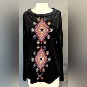 Savanna Jane Women's Black Velvet Embroidered Hippie Top, Boho Stretch Size M